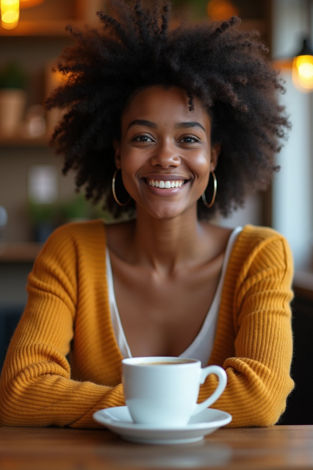 woman in hipster coffee place with coffee cup on table