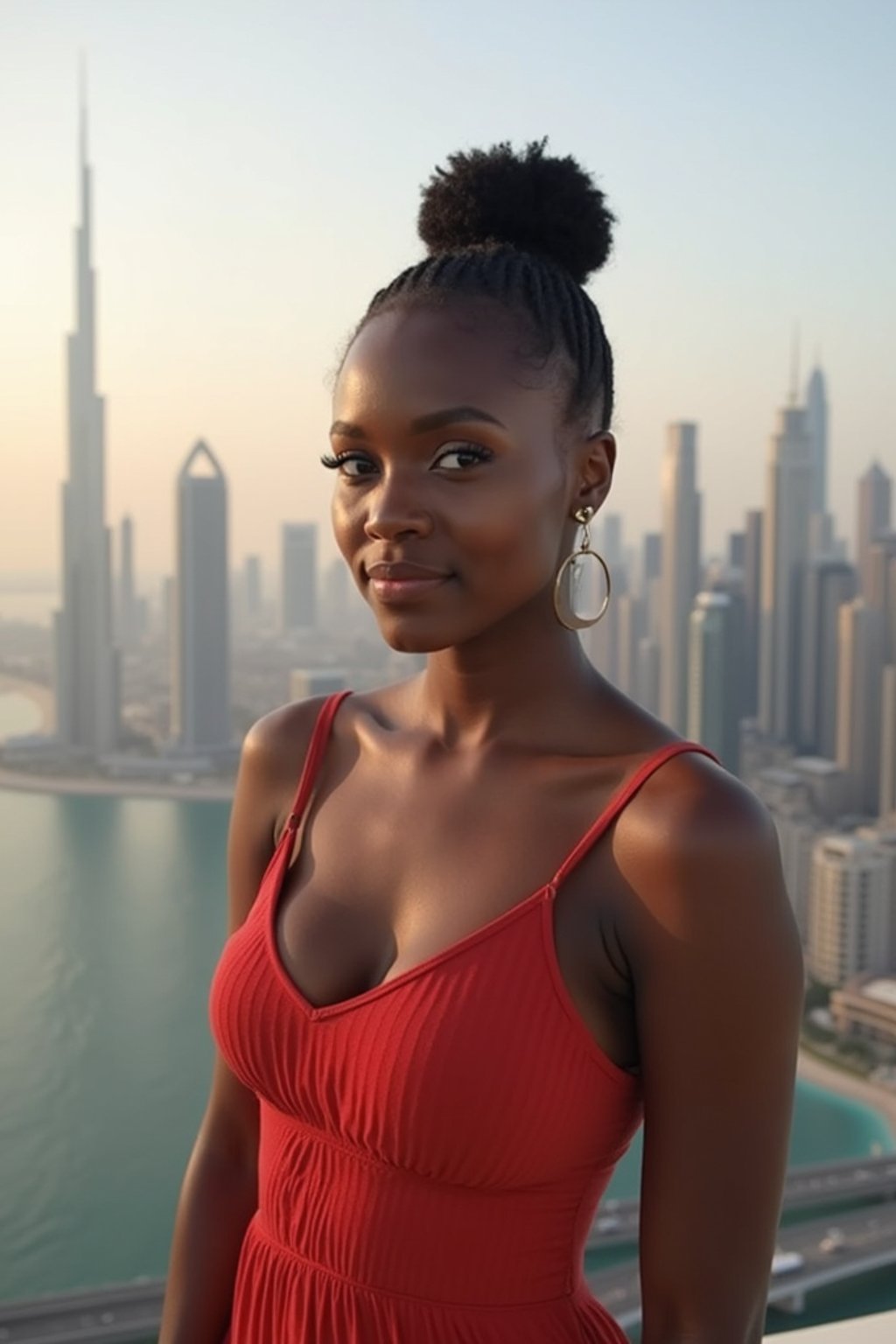 woman standing in front of city skyline viewpoint in Dubai with city skyline in background