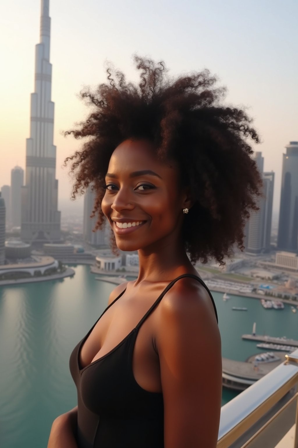 woman standing in front of city skyline viewpoint in Dubai with city skyline in background