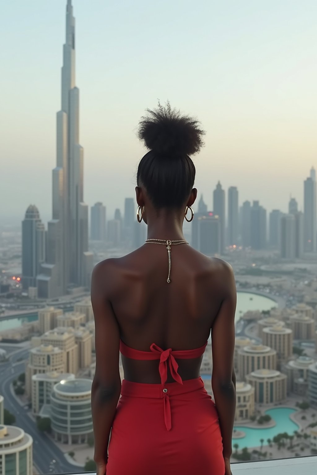 woman standing in front of city skyline viewpoint in Dubai with city skyline in background