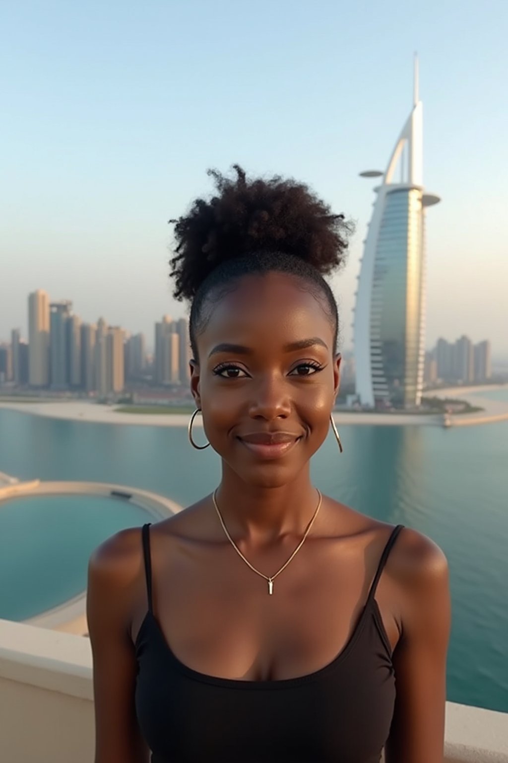 woman standing in front of city skyline viewpoint in Dubai with city skyline in background