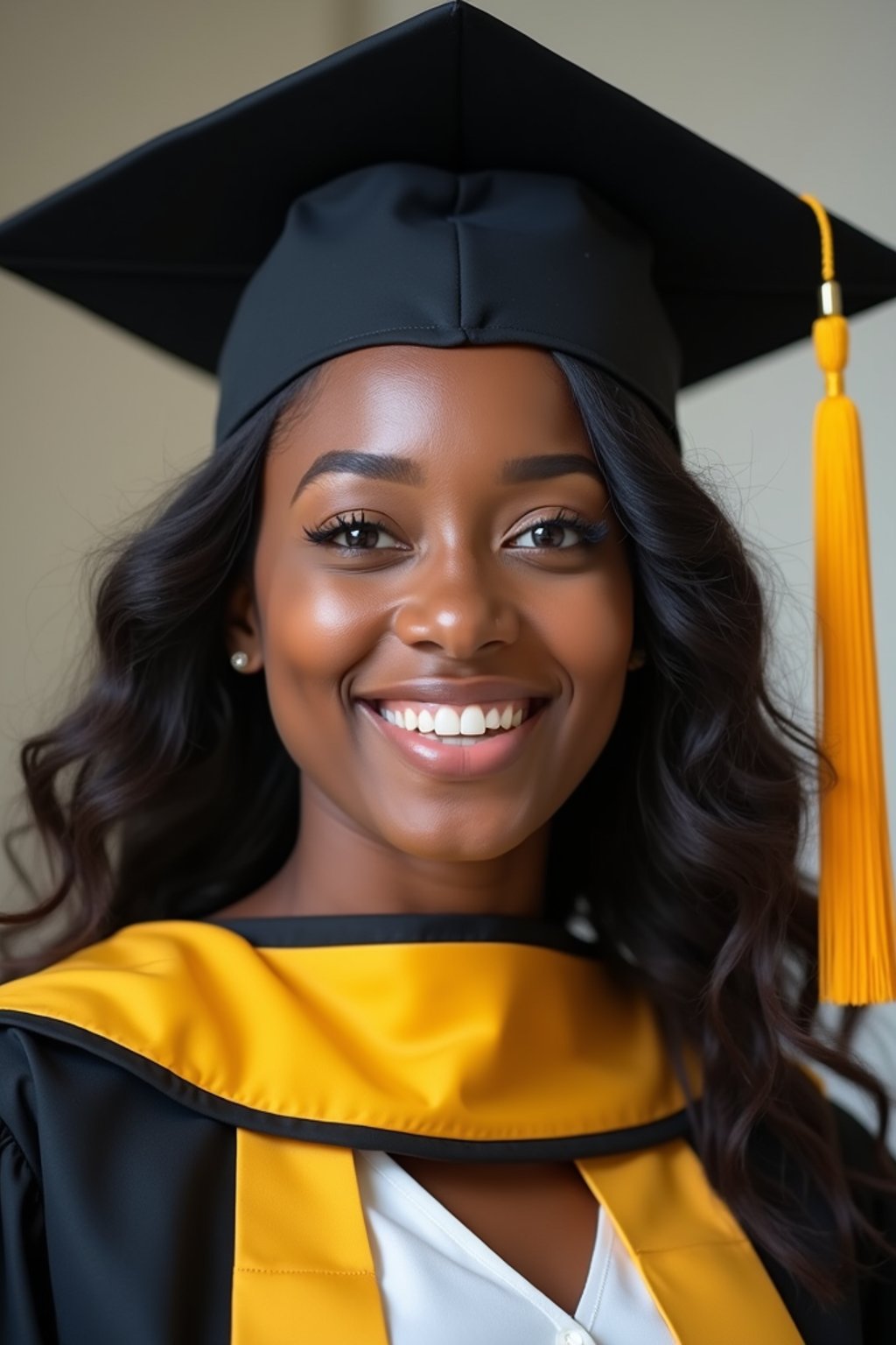 happy  woman in Graduation Ceremony wearing a square black Graduation Cap with yellow tassel at college