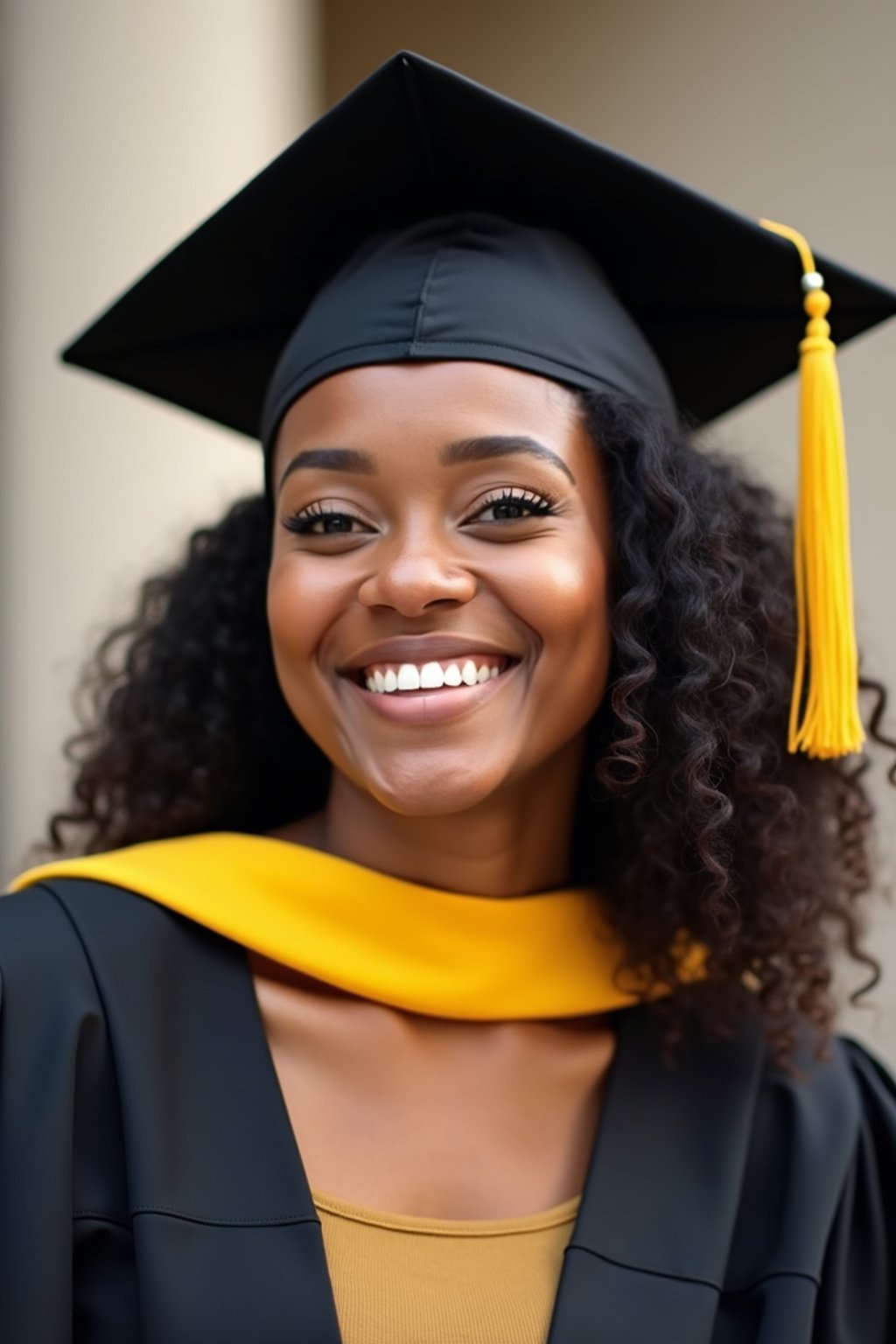 happy  woman in Graduation Ceremony wearing a square black Graduation Cap with yellow tassel at college