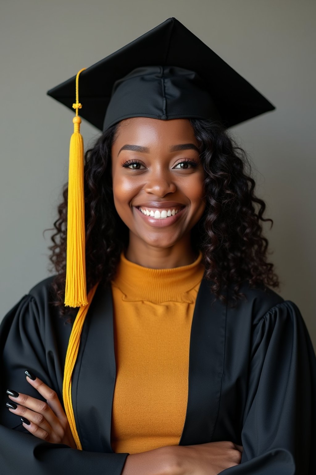 happy  woman in Graduation Ceremony wearing a square black Graduation Cap with yellow tassel at college