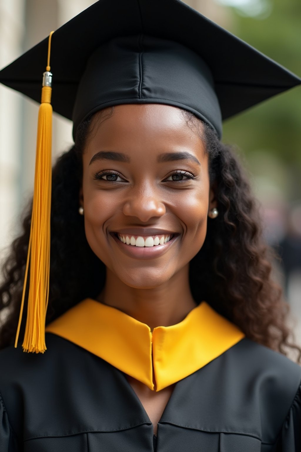 happy  woman in Graduation Ceremony wearing a square black Graduation Cap with yellow tassel at college