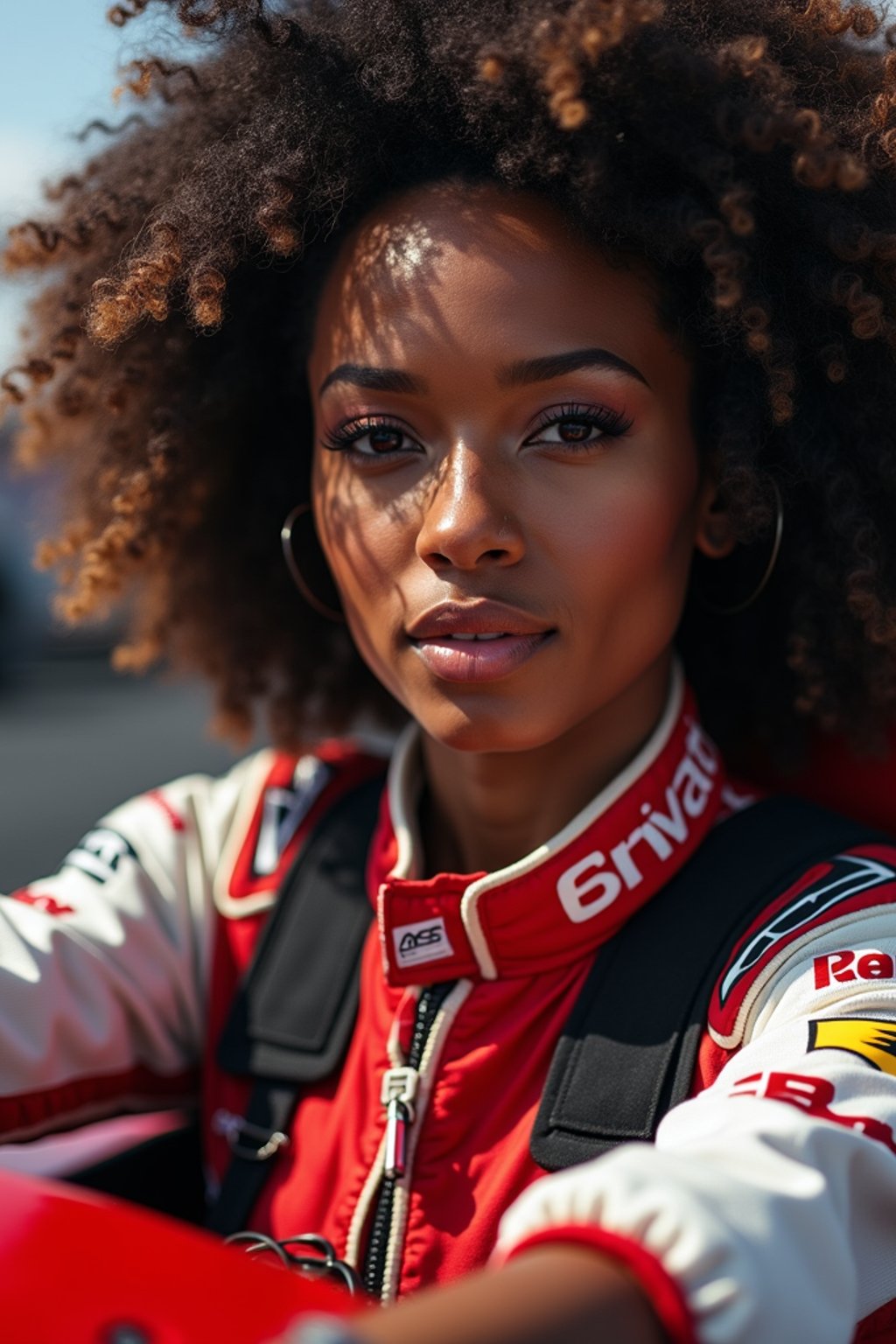 Ultra realistic photograph of woman as Formula 1 race driver