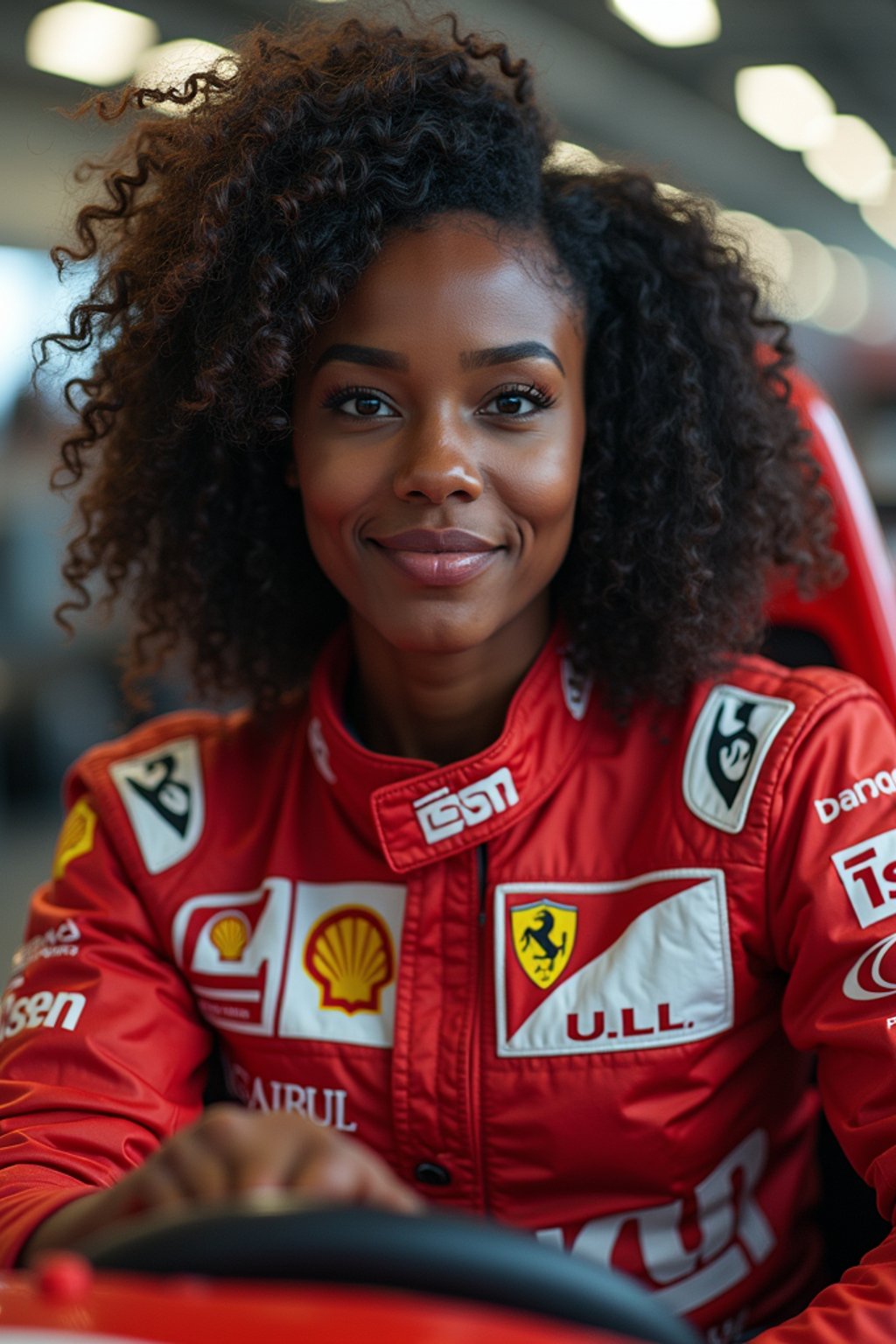 Ultra realistic photograph of woman as Formula 1 race driver