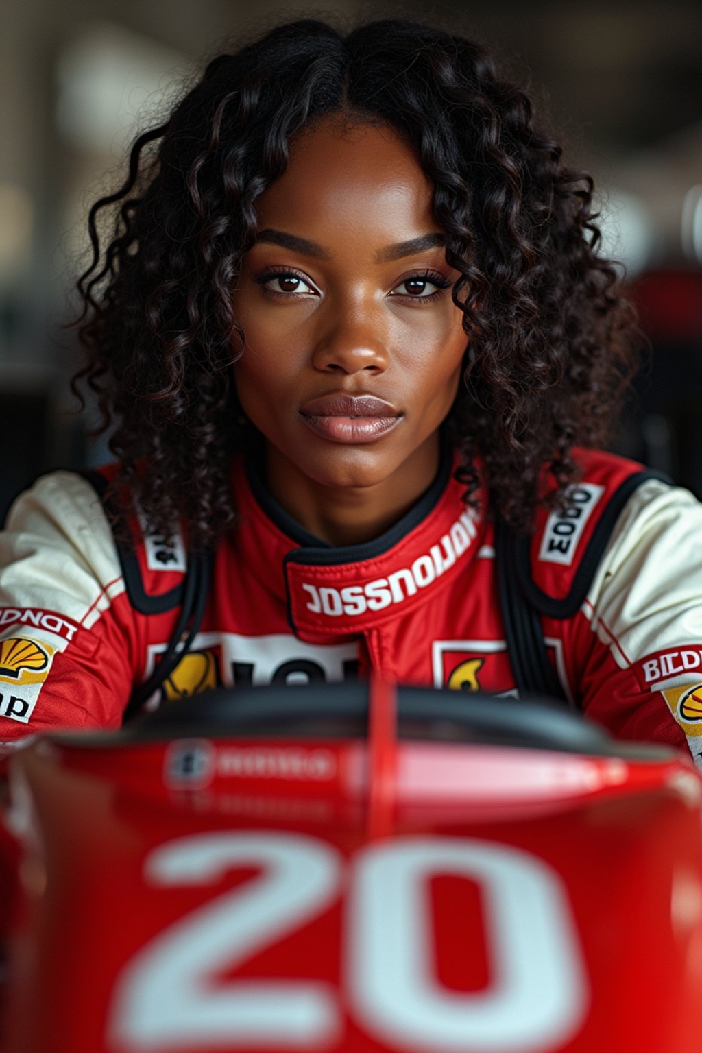 Ultra realistic photograph of woman as Formula 1 race driver