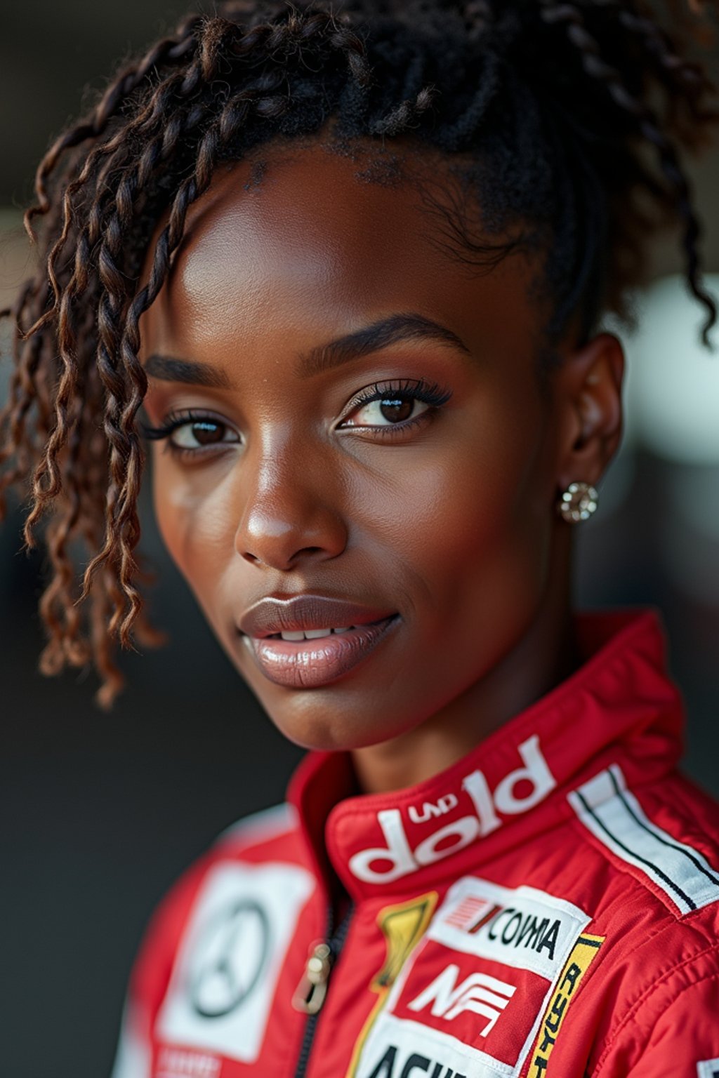 Ultra realistic photograph of woman as Formula 1 race driver