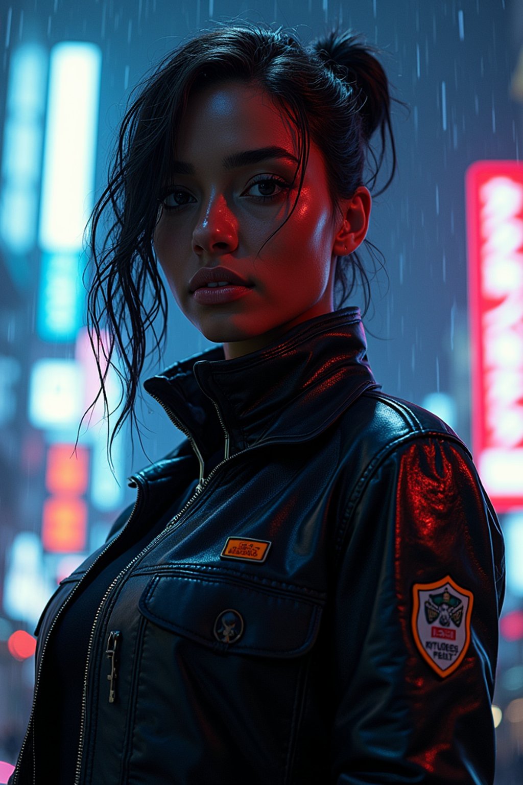 woman as futuristic beautiful cyberpunk police officer, in heavy rainning futuristic tokyo rooftop cyberpunk night, ssci-fi, fantasy, intricate, very very beautiful, elegant, neon light, highly detailed, digital painting, artstation, concept art, soft light, hdri, smooth, sharp focus, illustration, art by tian zi and craig mullins and wlop and alphonse mucha