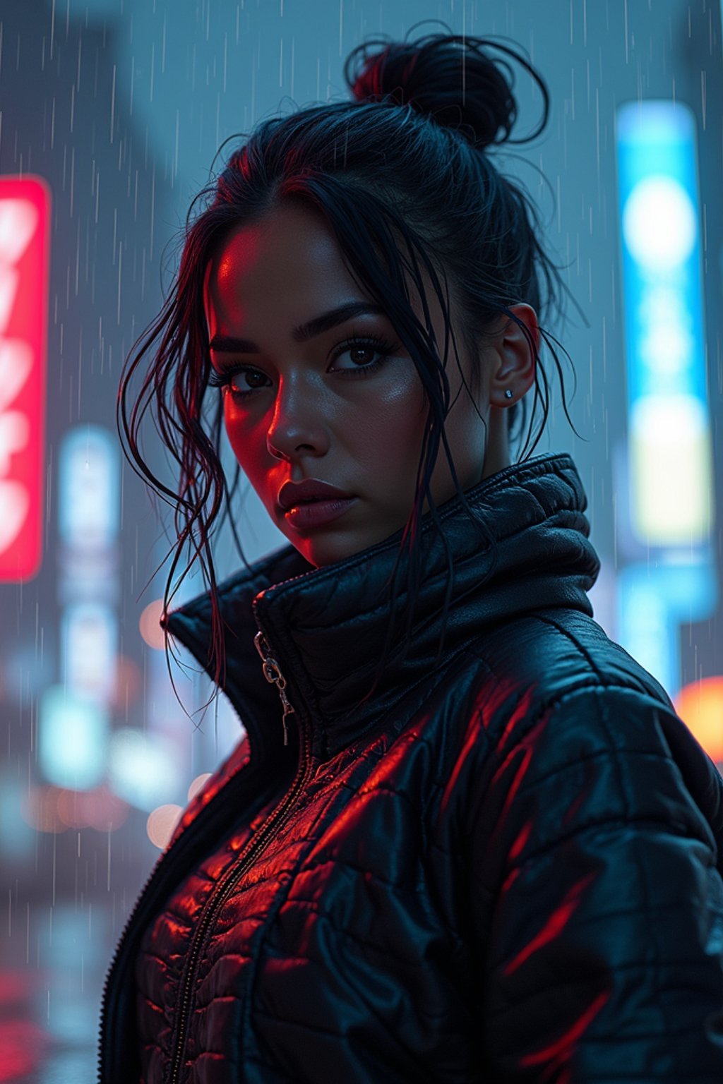 woman as futuristic beautiful cyberpunk police officer, in heavy rainning futuristic tokyo rooftop cyberpunk night, ssci-fi, fantasy, intricate, very very beautiful, elegant, neon light, highly detailed, digital painting, artstation, concept art, soft light, hdri, smooth, sharp focus, illustration, art by tian zi and craig mullins and wlop and alphonse mucha