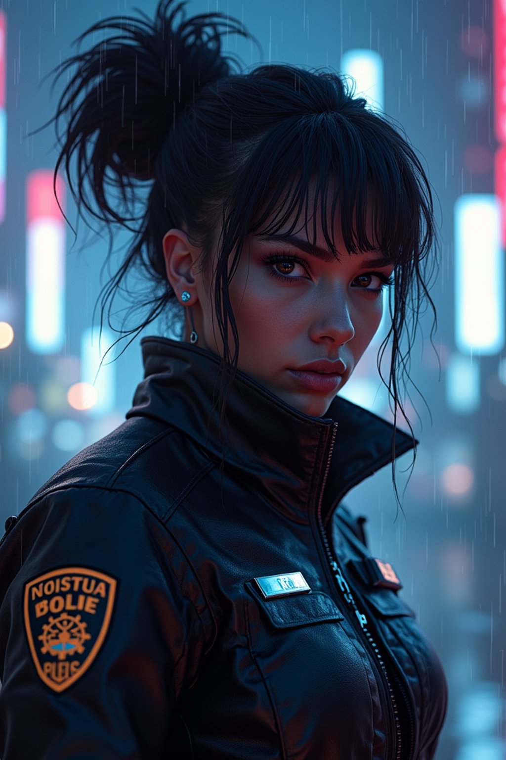 woman as futuristic beautiful cyberpunk police officer, in heavy rainning futuristic tokyo rooftop cyberpunk night, ssci-fi, fantasy, intricate, very very beautiful, elegant, neon light, highly detailed, digital painting, artstation, concept art, soft light, hdri, smooth, sharp focus, illustration, art by tian zi and craig mullins and wlop and alphonse mucha