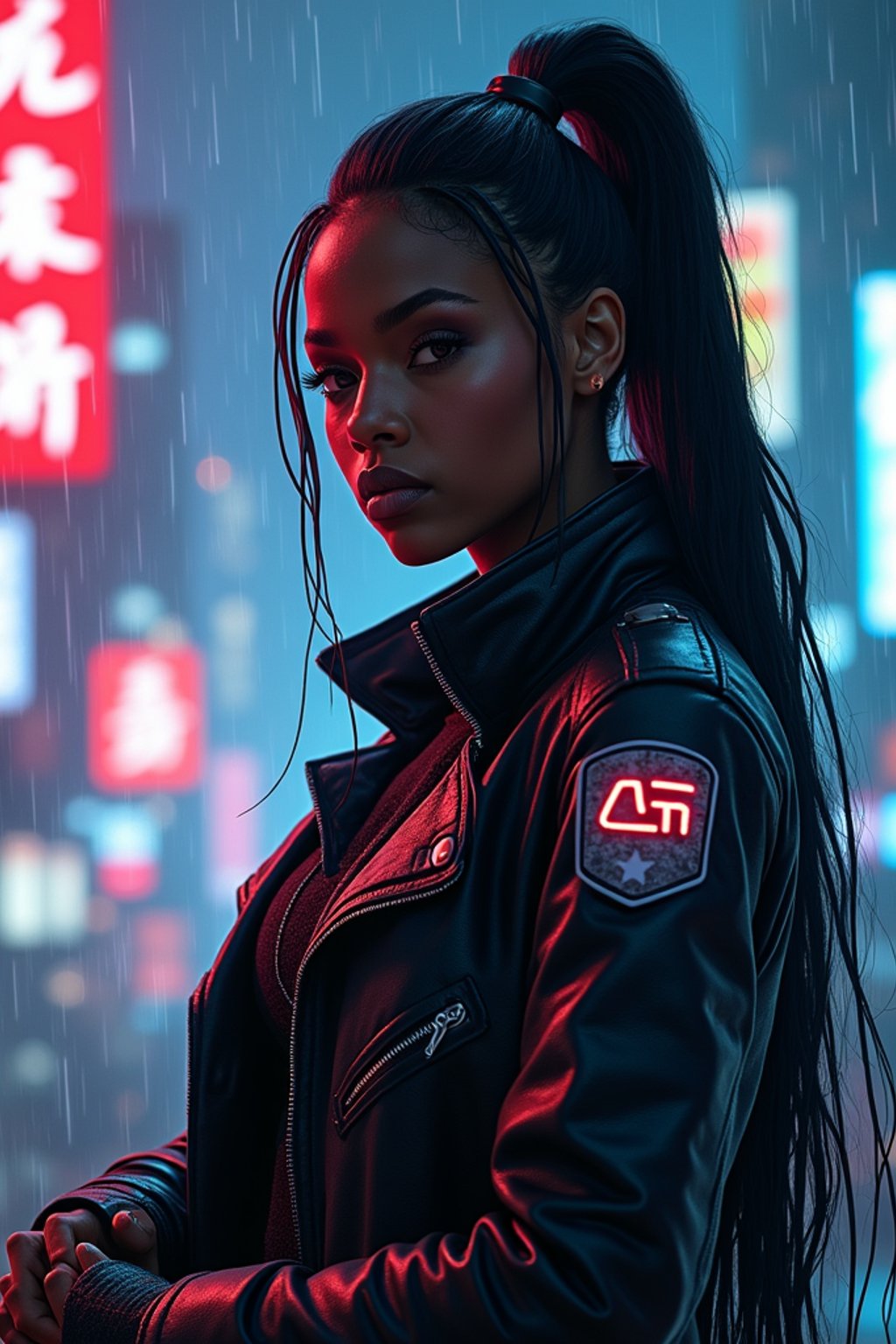 woman as futuristic beautiful cyberpunk police officer, in heavy rainning futuristic tokyo rooftop cyberpunk night, ssci-fi, fantasy, intricate, very very beautiful, elegant, neon light, highly detailed, digital painting, artstation, concept art, soft light, hdri, smooth, sharp focus, illustration, art by tian zi and craig mullins and wlop and alphonse mucha