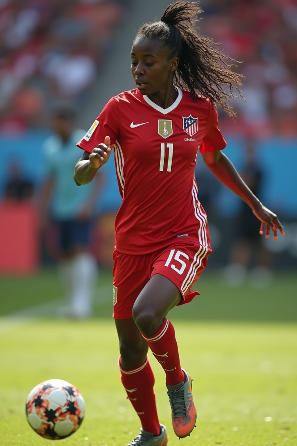 woman as Football Player in the FIFA World Cup playing in a Football Match