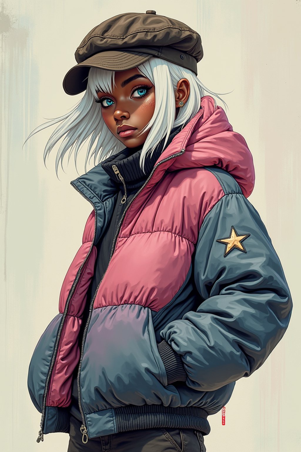 full body of a street punk woman student, blue eyes, bubble jacket, hat, white hair by atey ghailan, by greg rutkowski, by greg tocchini, by james gilleard, by joe fenton, by kaethe butcher, gradient pink, black, brown and light blue color scheme, grunge aesthetic