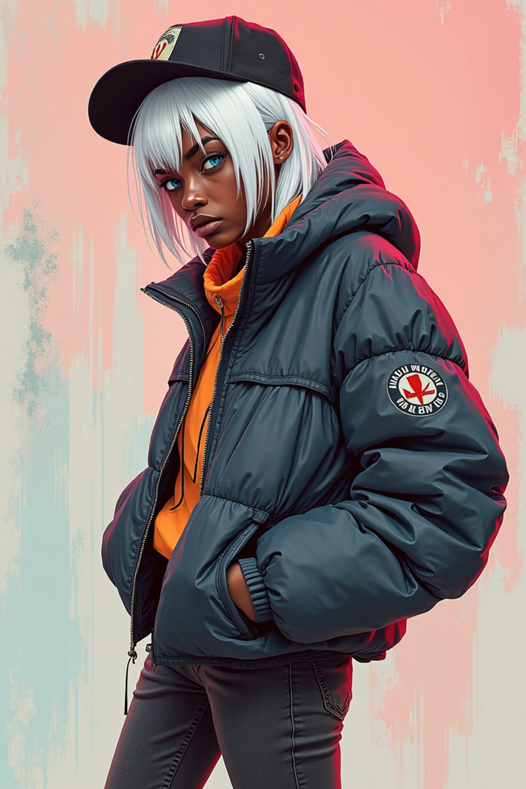 full body of a street punk woman student, blue eyes, bubble jacket, hat, white hair by atey ghailan, by greg rutkowski, by greg tocchini, by james gilleard, by joe fenton, by kaethe butcher, gradient pink, black, brown and light blue color scheme, grunge aesthetic