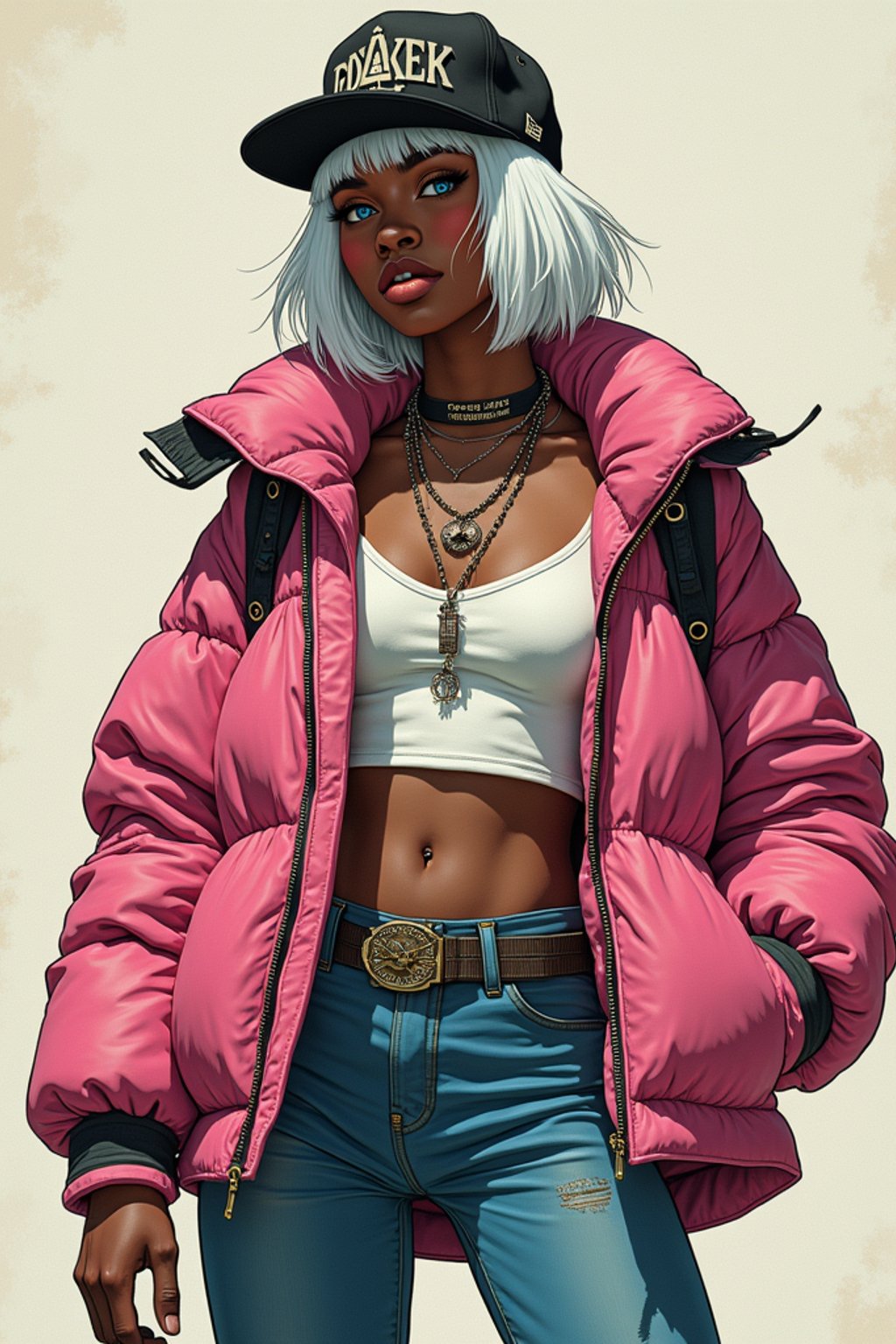 full body of a street punk woman student, blue eyes, bubble jacket, hat, white hair by atey ghailan, by greg rutkowski, by greg tocchini, by james gilleard, by joe fenton, by kaethe butcher, gradient pink, black, brown and light blue color scheme, grunge aesthetic