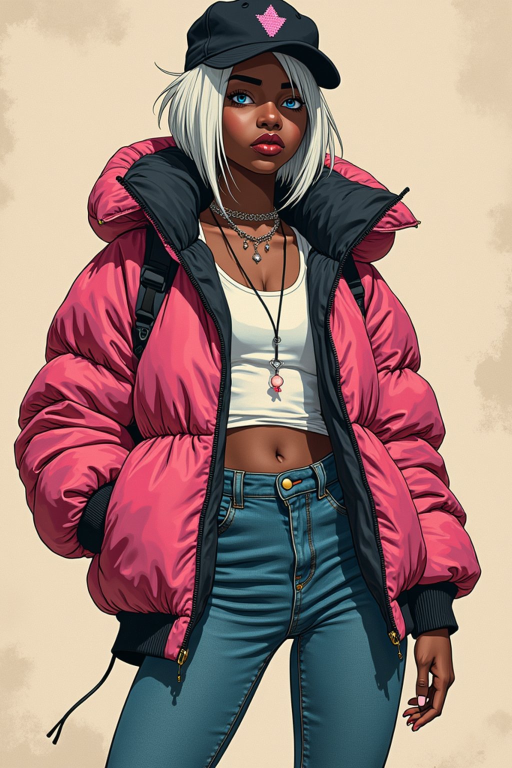 full body of a street punk woman student, blue eyes, bubble jacket, hat, white hair by atey ghailan, by greg rutkowski, by greg tocchini, by james gilleard, by joe fenton, by kaethe butcher, gradient pink, black, brown and light blue color scheme, grunge aesthetic