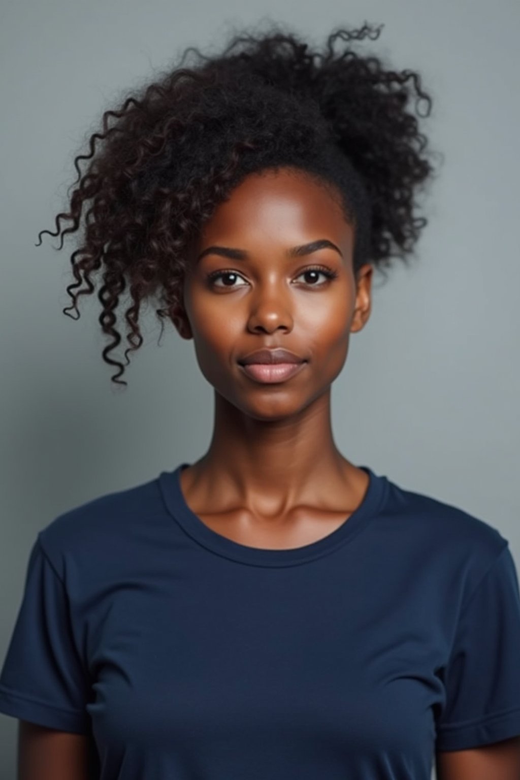 woman as official passport photo for government documents. wearing a dark blue navy t-shirt. photorealistic. light gray background. entire face visible. entire head visible