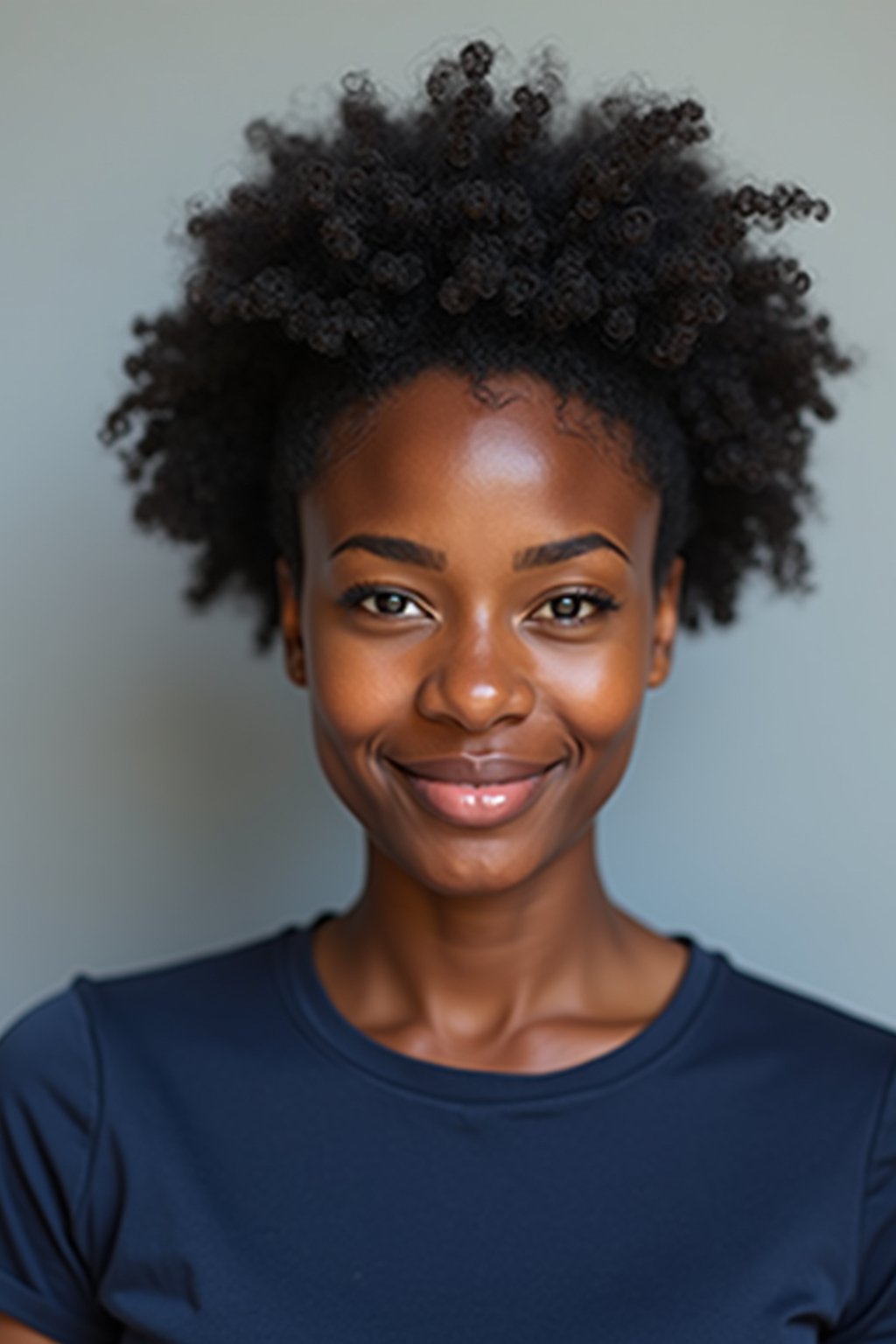 woman as official passport photo for government documents. wearing a dark blue navy t-shirt. photorealistic. light gray background. entire face visible. entire head visible