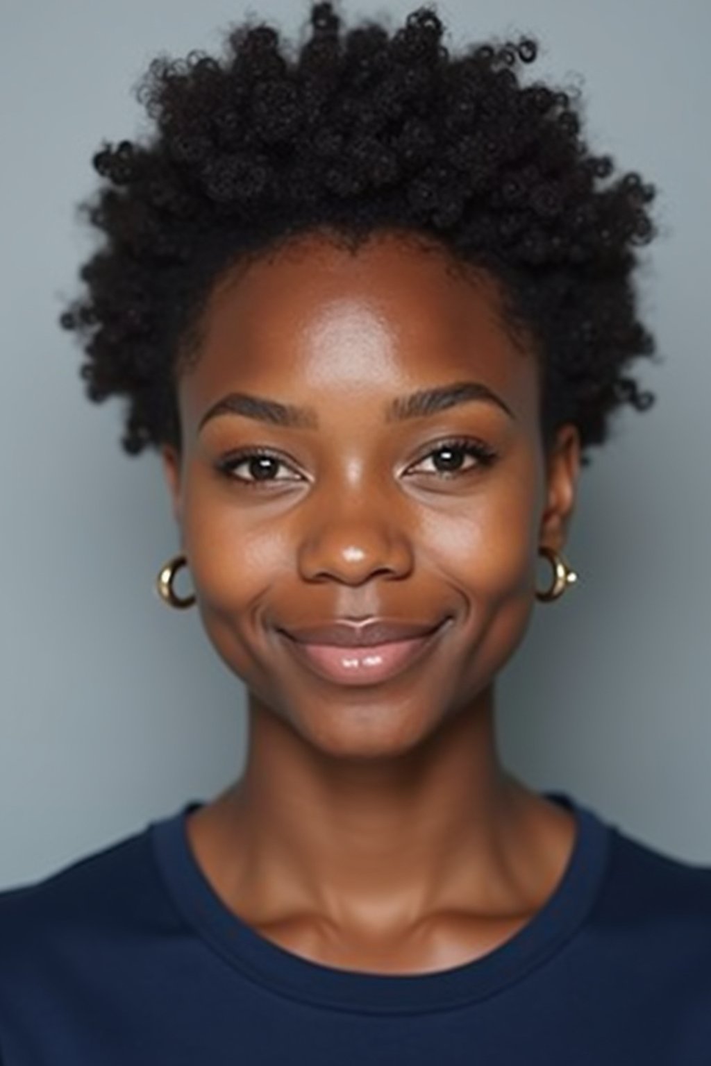 woman as official passport photo for government documents. wearing a dark blue navy t-shirt. photorealistic. light gray background. entire face visible. entire head visible