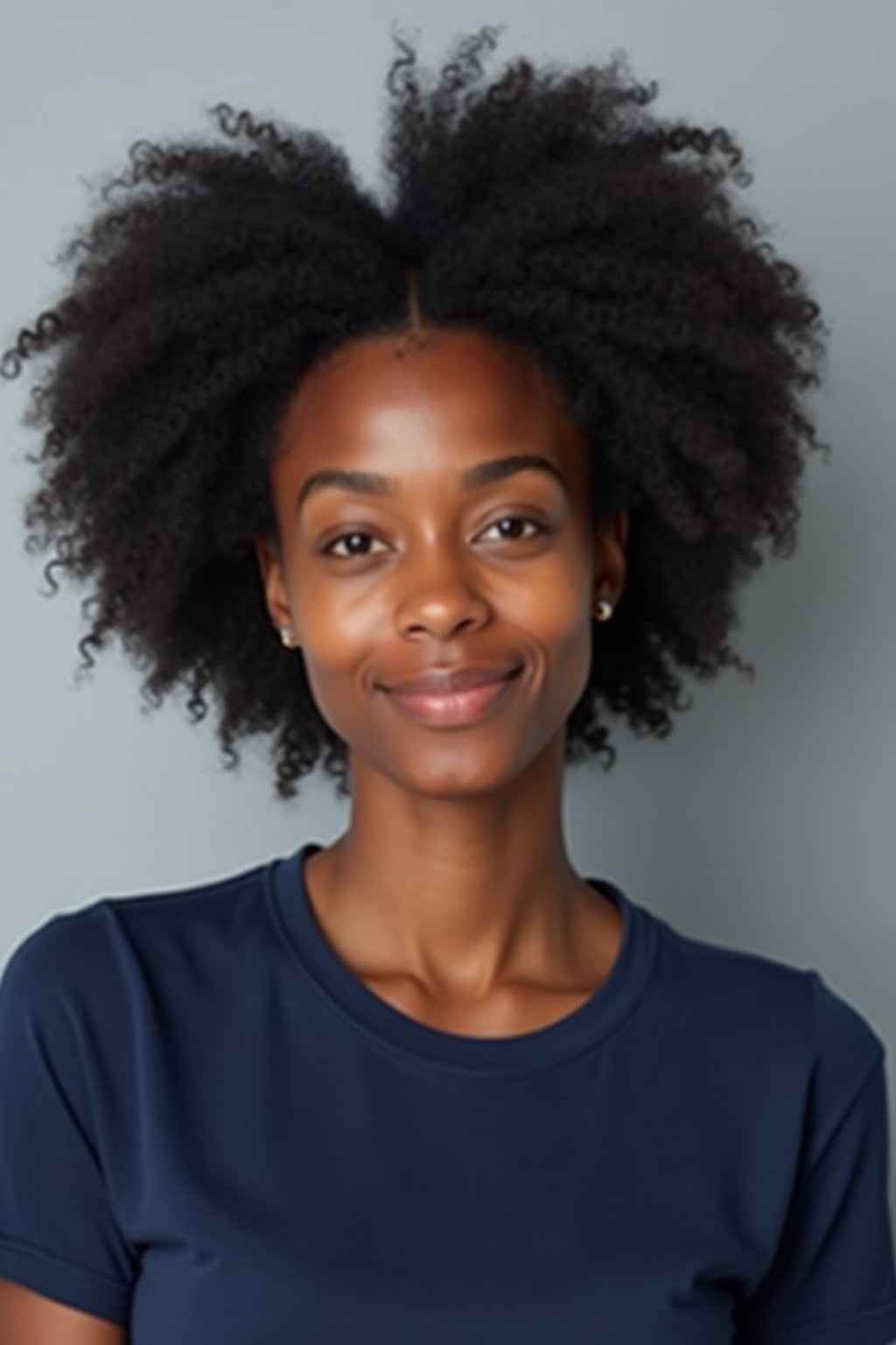 woman as official passport photo for government documents. wearing a dark blue navy t-shirt. photorealistic. light gray background. entire face visible. entire head visible