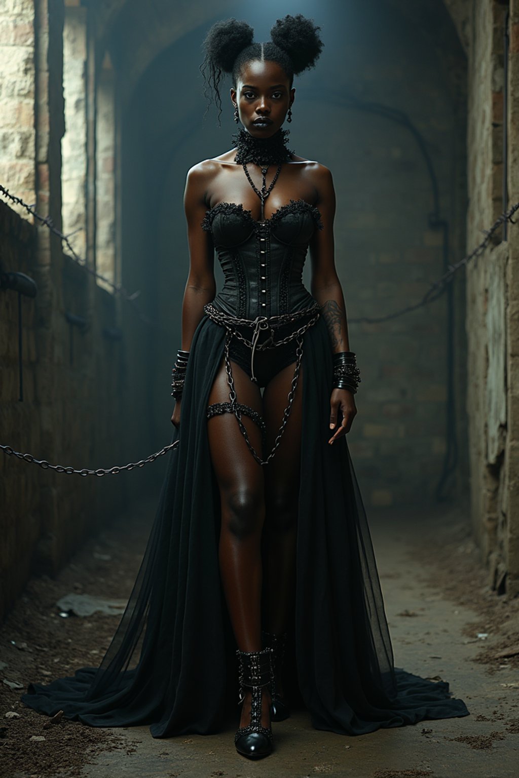 gothic woman, bound by chains and barbed wire in a dungeon, very tight corset, high heels