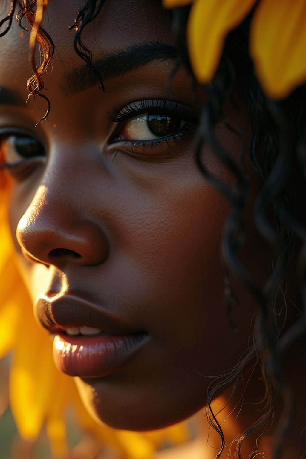 Close face shot of a woman with a sunflower in hair, summer season, moody scene,, intricate, sharp details, summer vibe, gorgeous scene by gaston bussiere, craig mullins, somber lighting, drawn by giacomo burattini, inspired by graphic novel cover art, hyperrealistic, 8 k by rhads