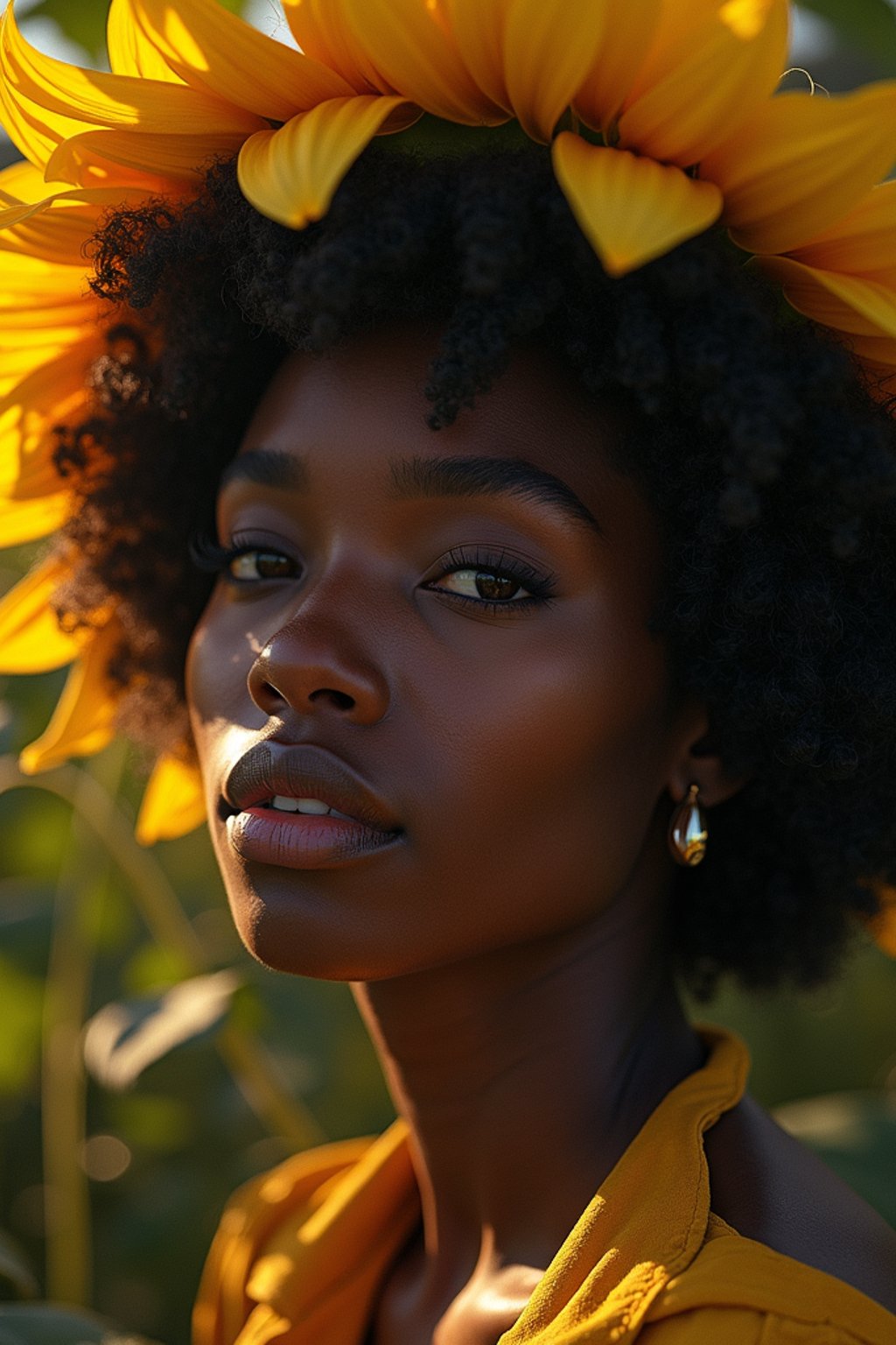 Close face shot of a woman with a sunflower in hair, summer season, moody scene,, intricate, sharp details, summer vibe, gorgeous scene by gaston bussiere, craig mullins, somber lighting, drawn by giacomo burattini, inspired by graphic novel cover art, hyperrealistic, 8 k by rhads