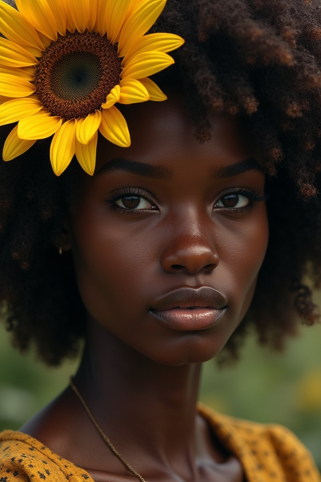 Close face shot of a woman with a sunflower in hair, summer season, moody scene,, intricate, sharp details, summer vibe, gorgeous scene by gaston bussiere, craig mullins, somber lighting, drawn by giacomo burattini, inspired by graphic novel cover art, hyperrealistic, 8 k by rhads