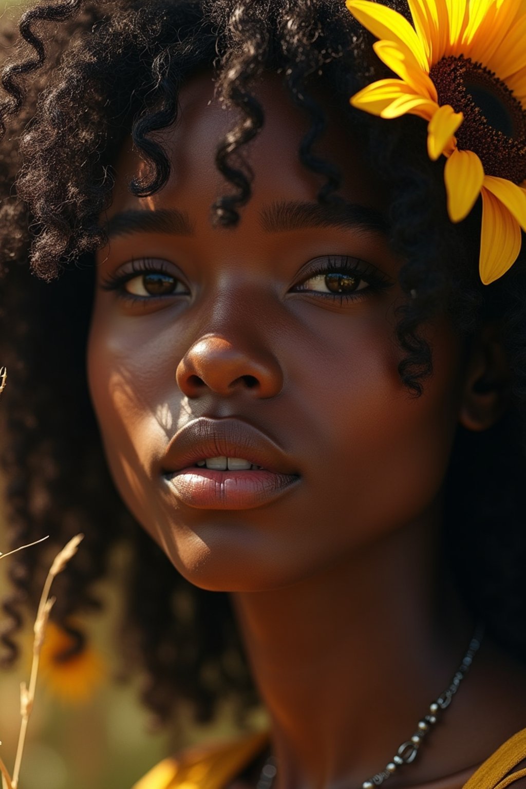 Close face shot of a woman with a sunflower in hair, summer season, moody scene,, intricate, sharp details, summer vibe, gorgeous scene by gaston bussiere, craig mullins, somber lighting, drawn by giacomo burattini, inspired by graphic novel cover art, hyperrealistic, 8 k by rhads