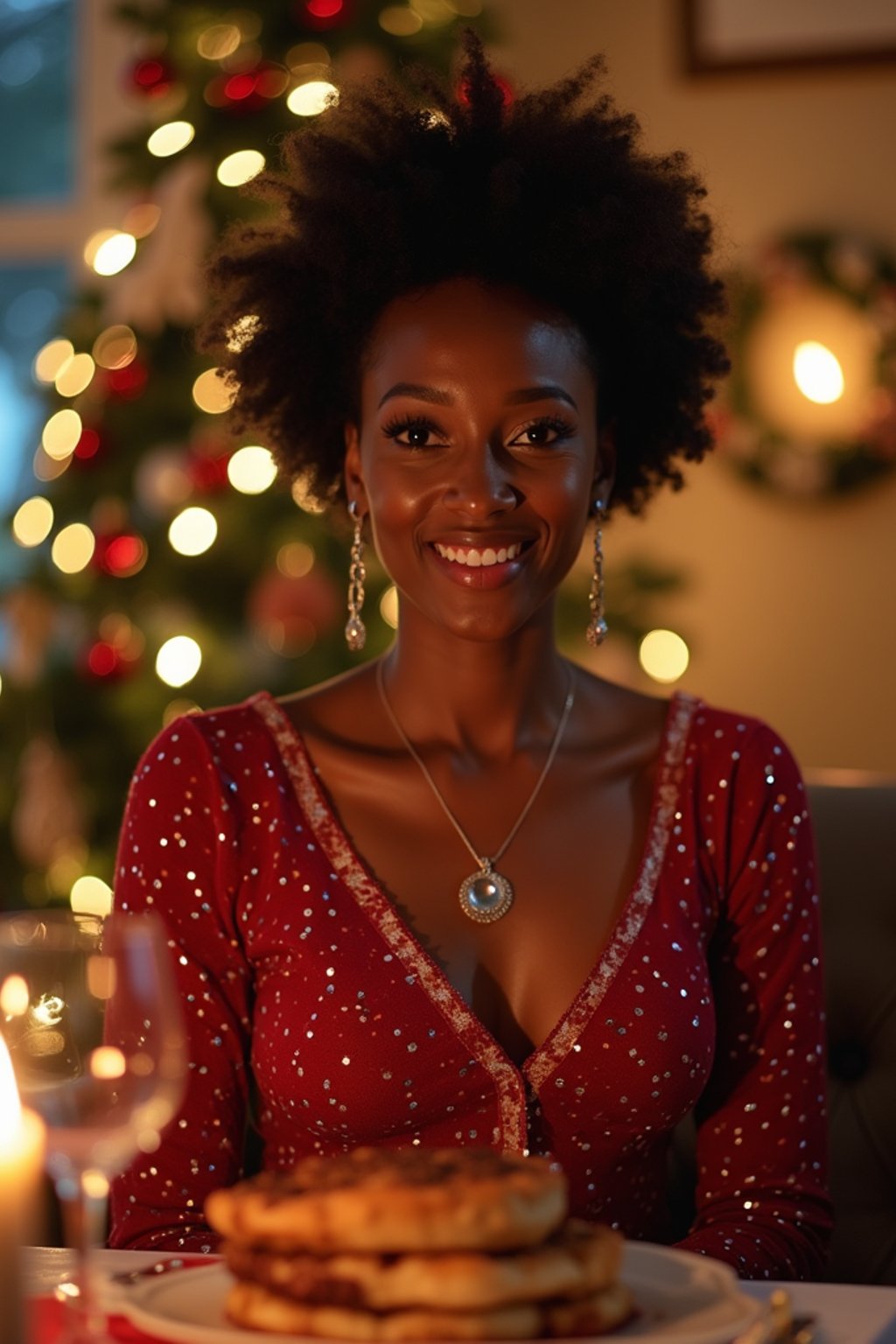 woman at Christmas dinner wearing Christmas style clothes. Christmas tree in background. Christmas lights