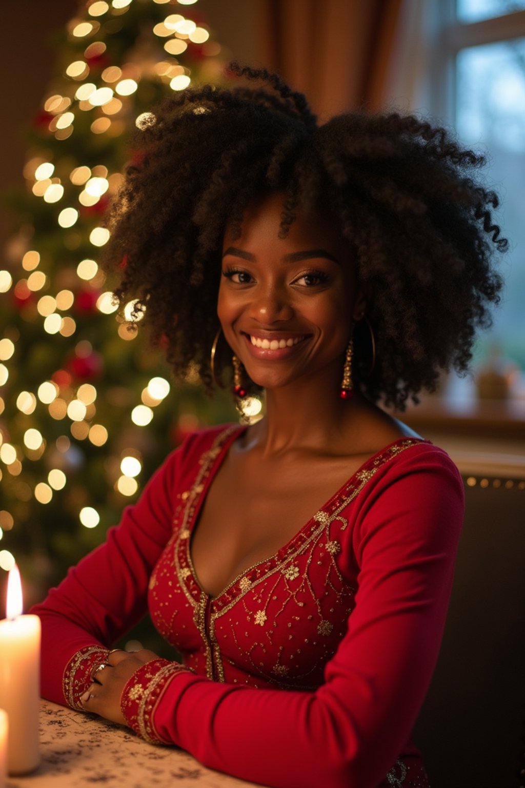 woman at Christmas dinner wearing Christmas style clothes. Christmas tree in background. Christmas lights