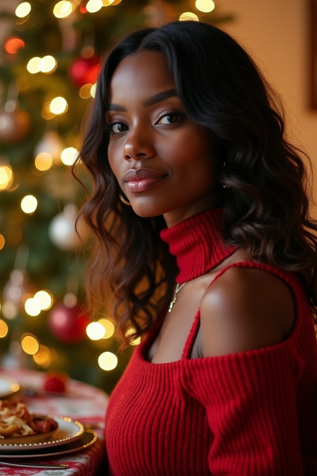 woman at Christmas dinner wearing Christmas style clothes. Christmas tree in background. Christmas lights