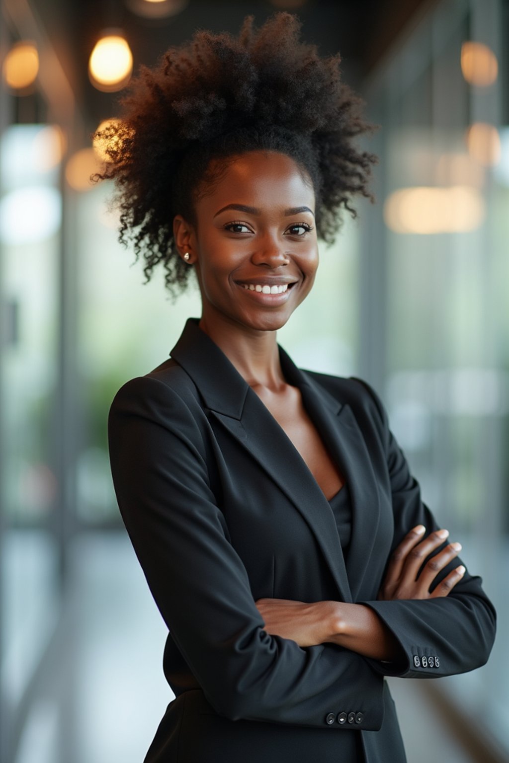 wide LinkedIn profile photo of a professional business woman as a confident professional business woman standing in a modern office. LinkedIn professional profile photo. most popular person on LinkedIn