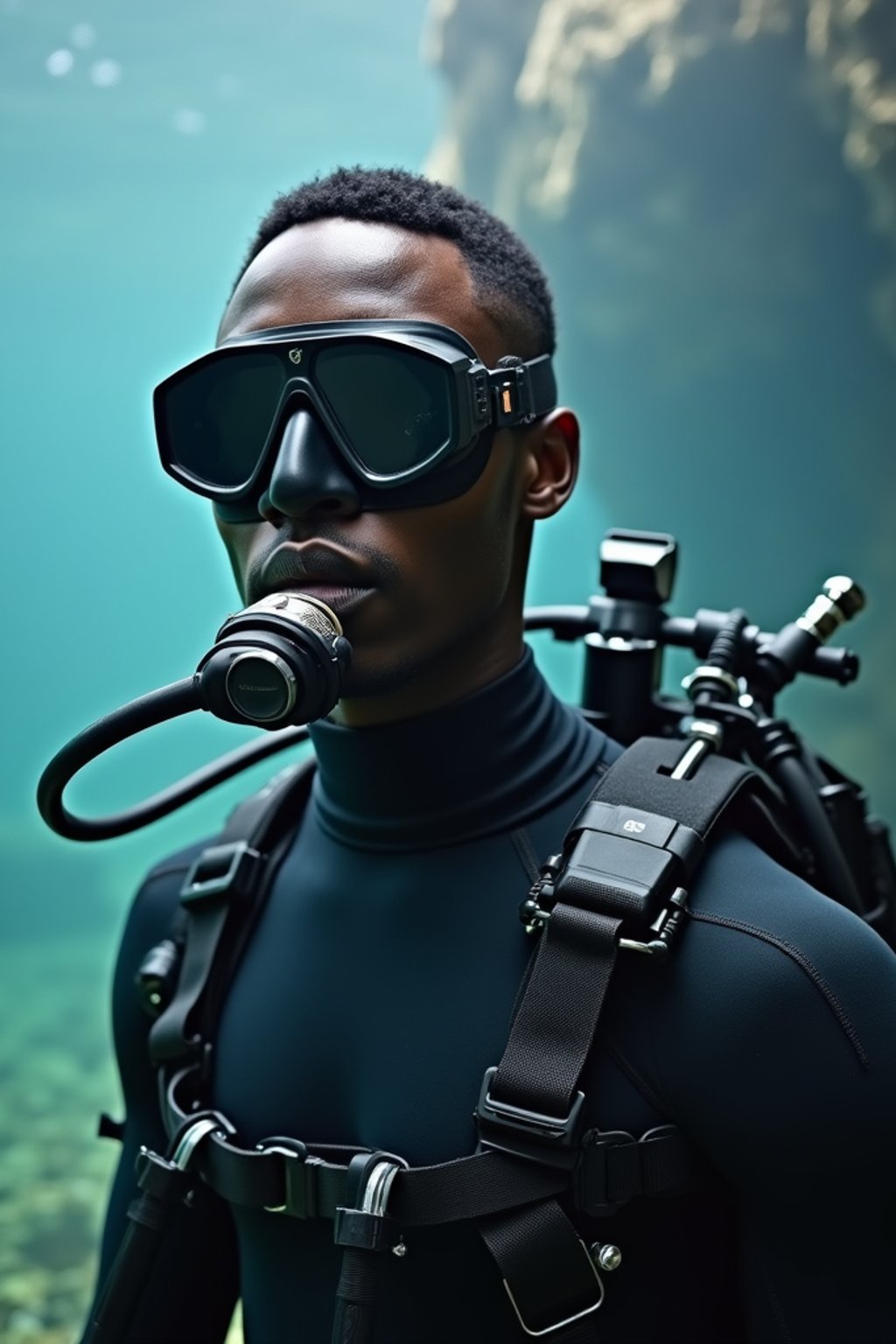 man as a scuba diver wearing diving goggles and wearing a wetsuit