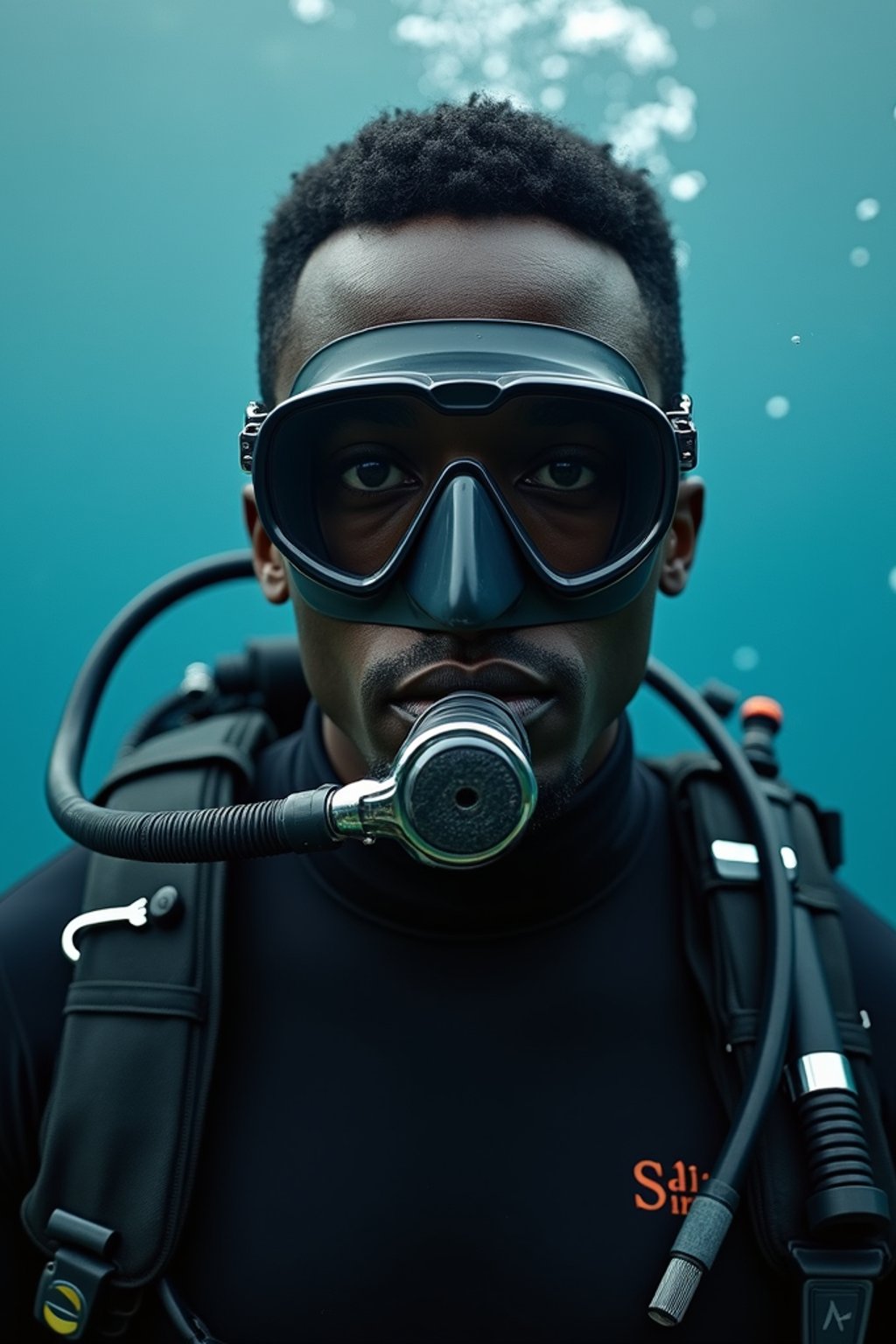 man as a scuba diver wearing diving goggles and wearing a wetsuit