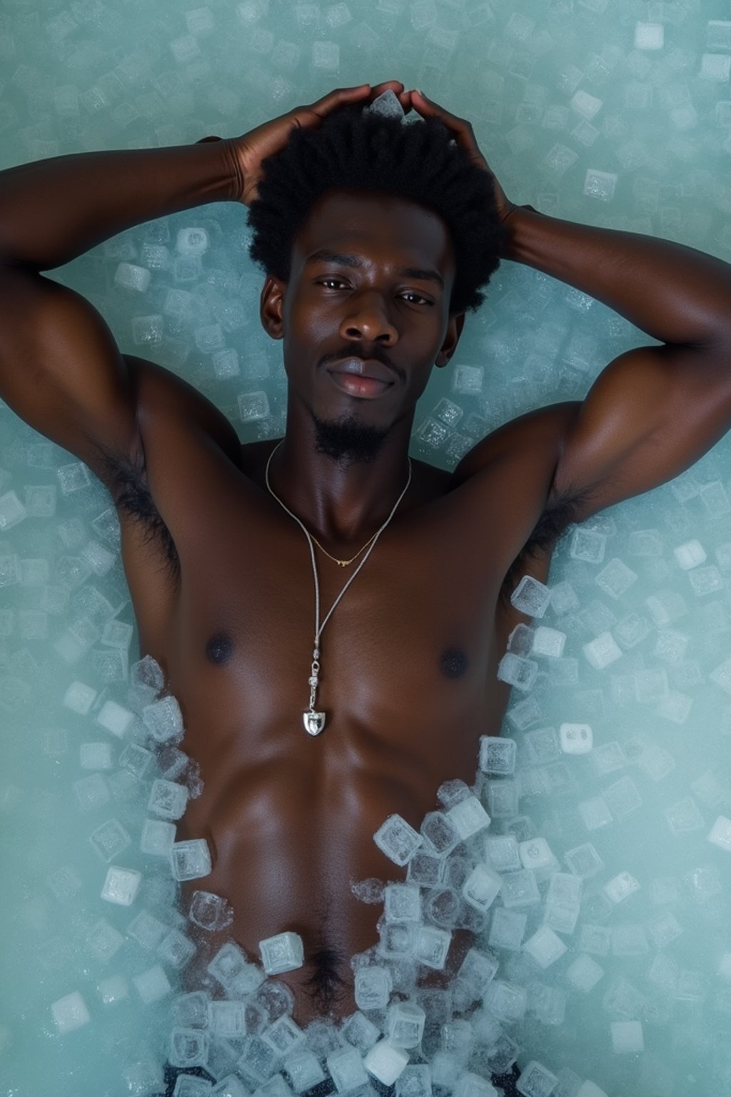 man lying in a bath of ice cubes