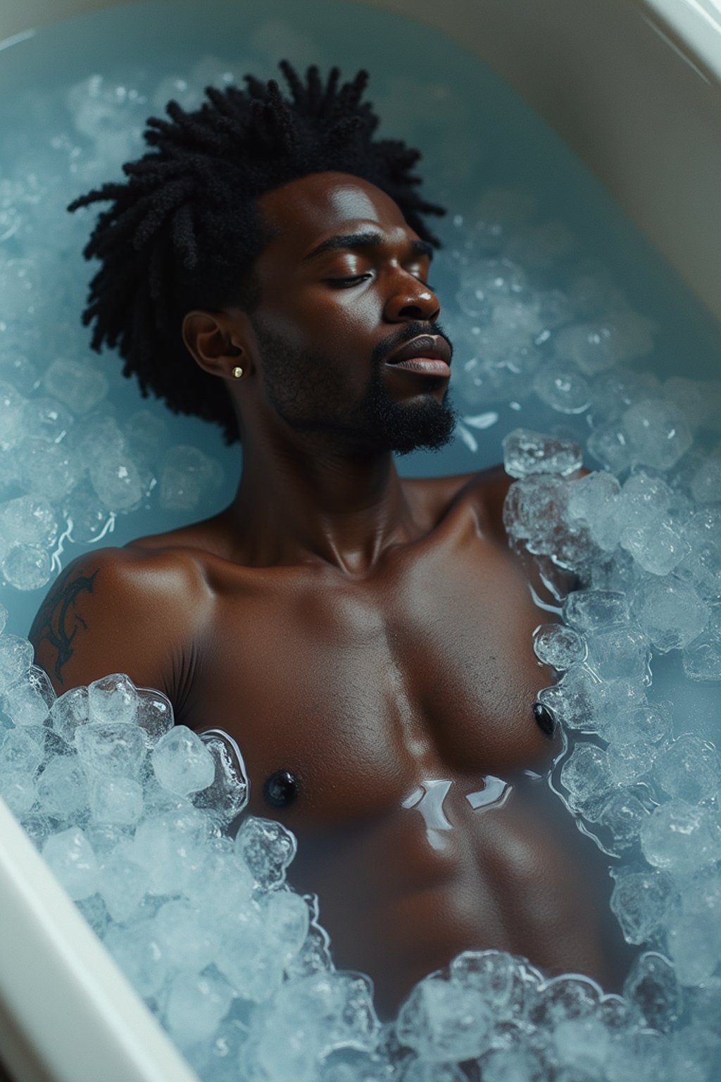 man lying in a bath of ice cubes