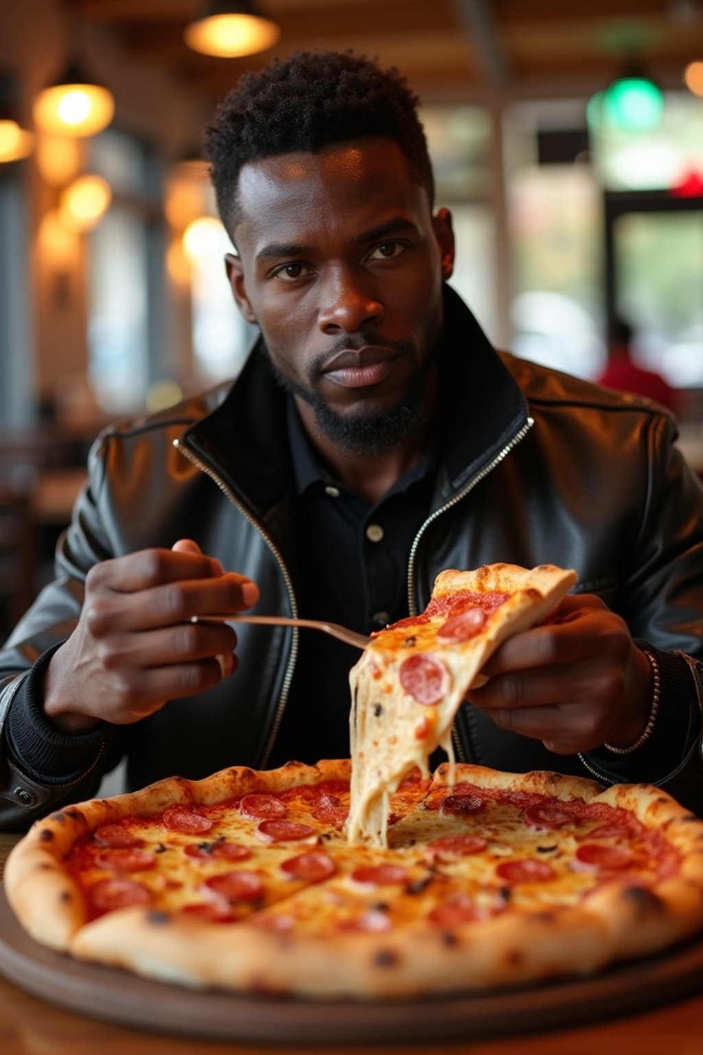 man sitting in a restaurant eating a large pizza