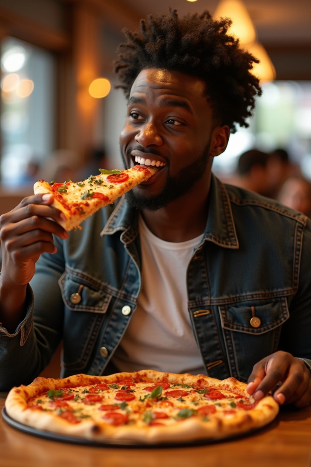 man sitting in a restaurant eating a large pizza