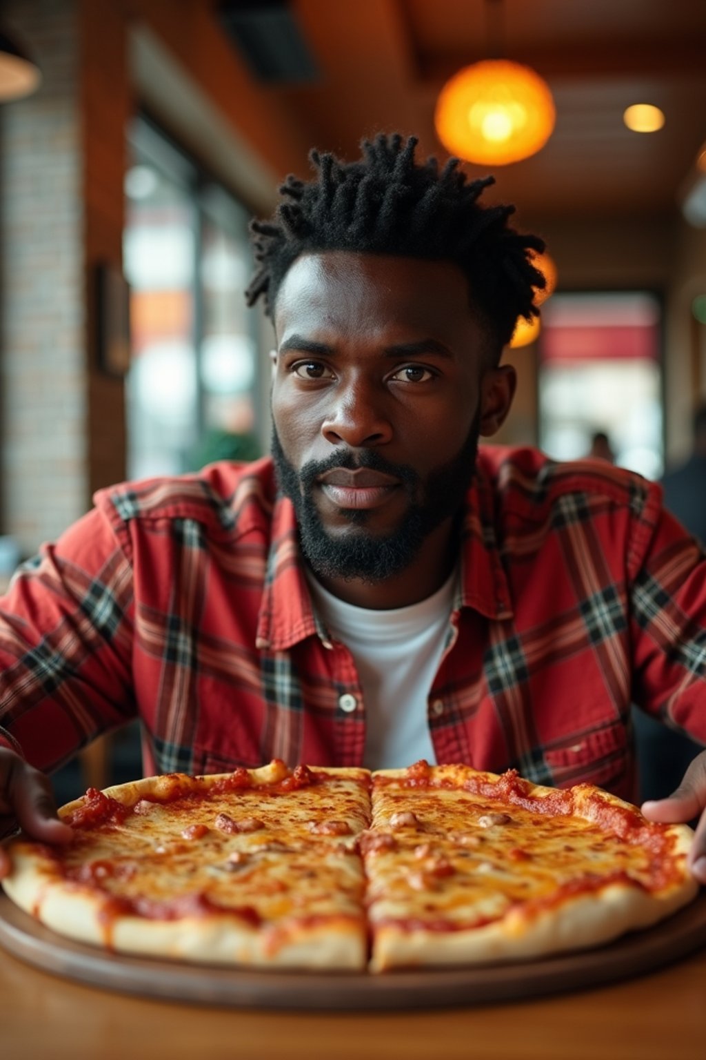 man sitting in a restaurant eating a large pizza