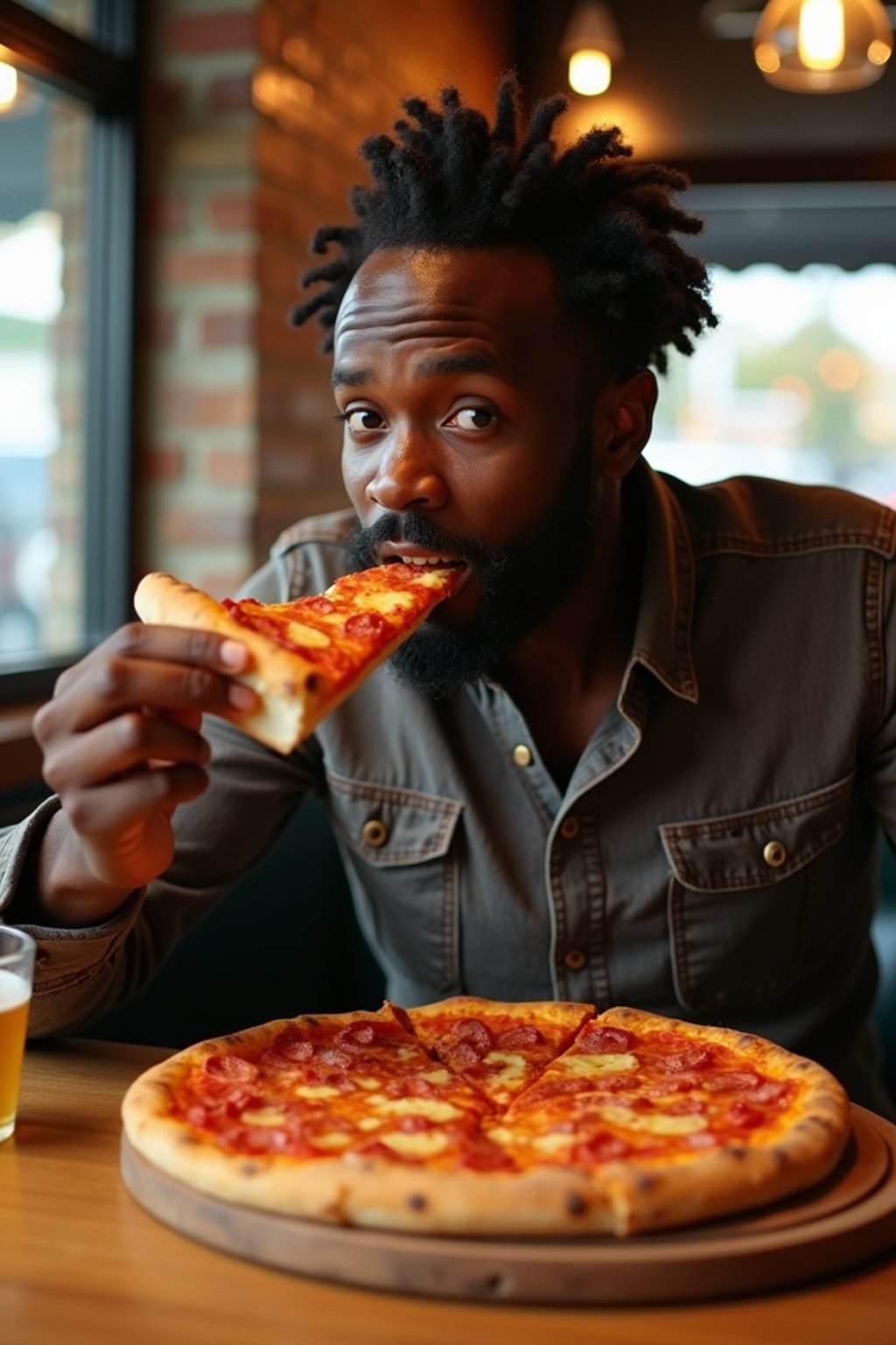 man sitting in a restaurant eating a large pizza