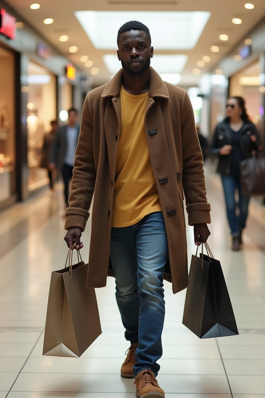 man walking in a shopping mall, holding shopping bags. shops in background