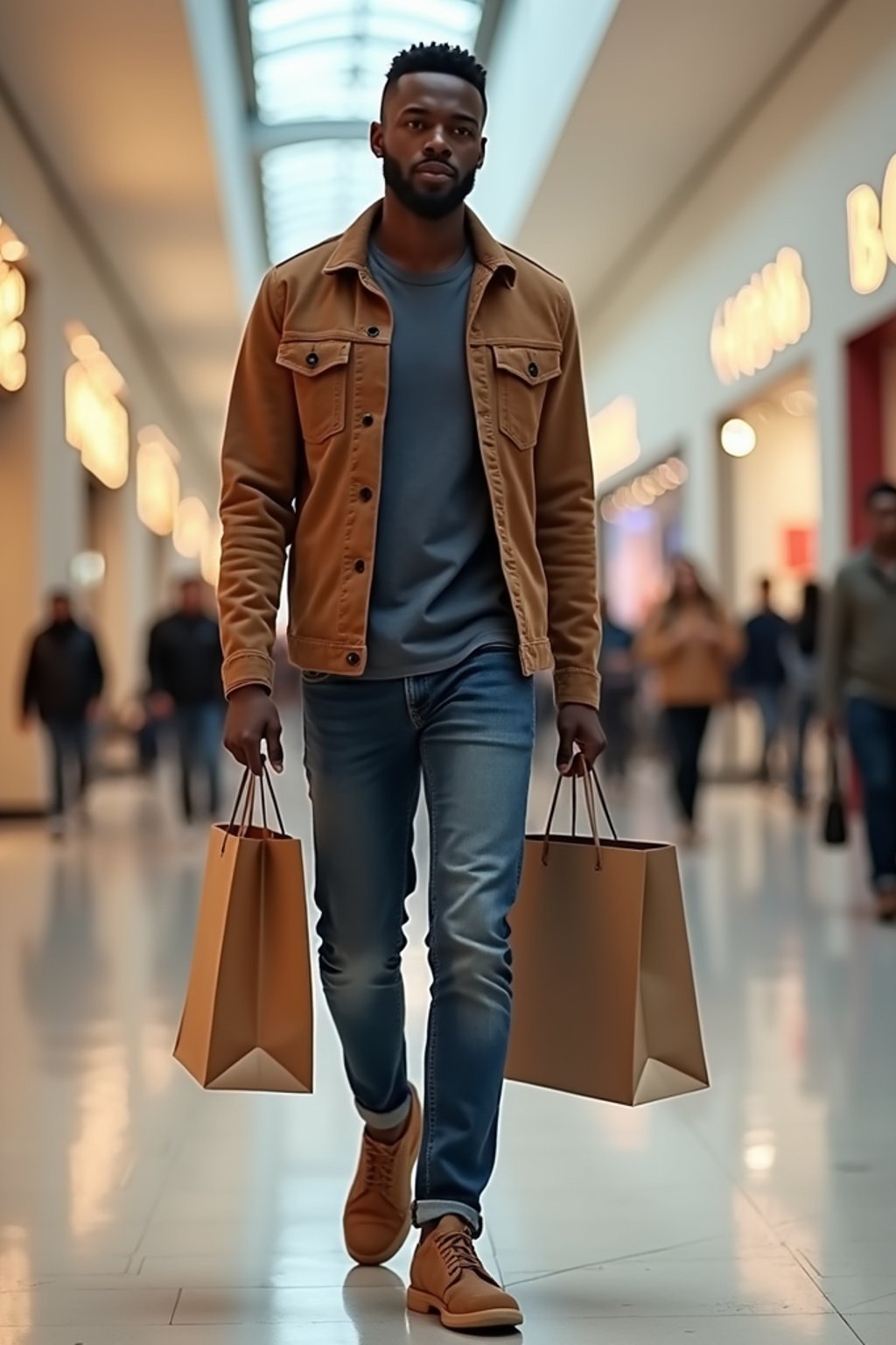 man walking in a shopping mall, holding shopping bags. shops in background