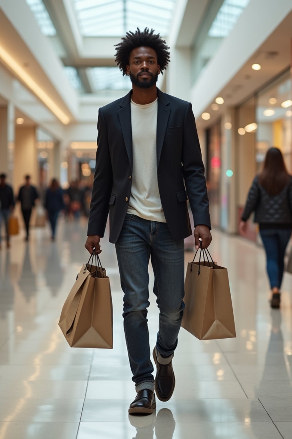 man walking in a shopping mall, holding shopping bags. shops in background