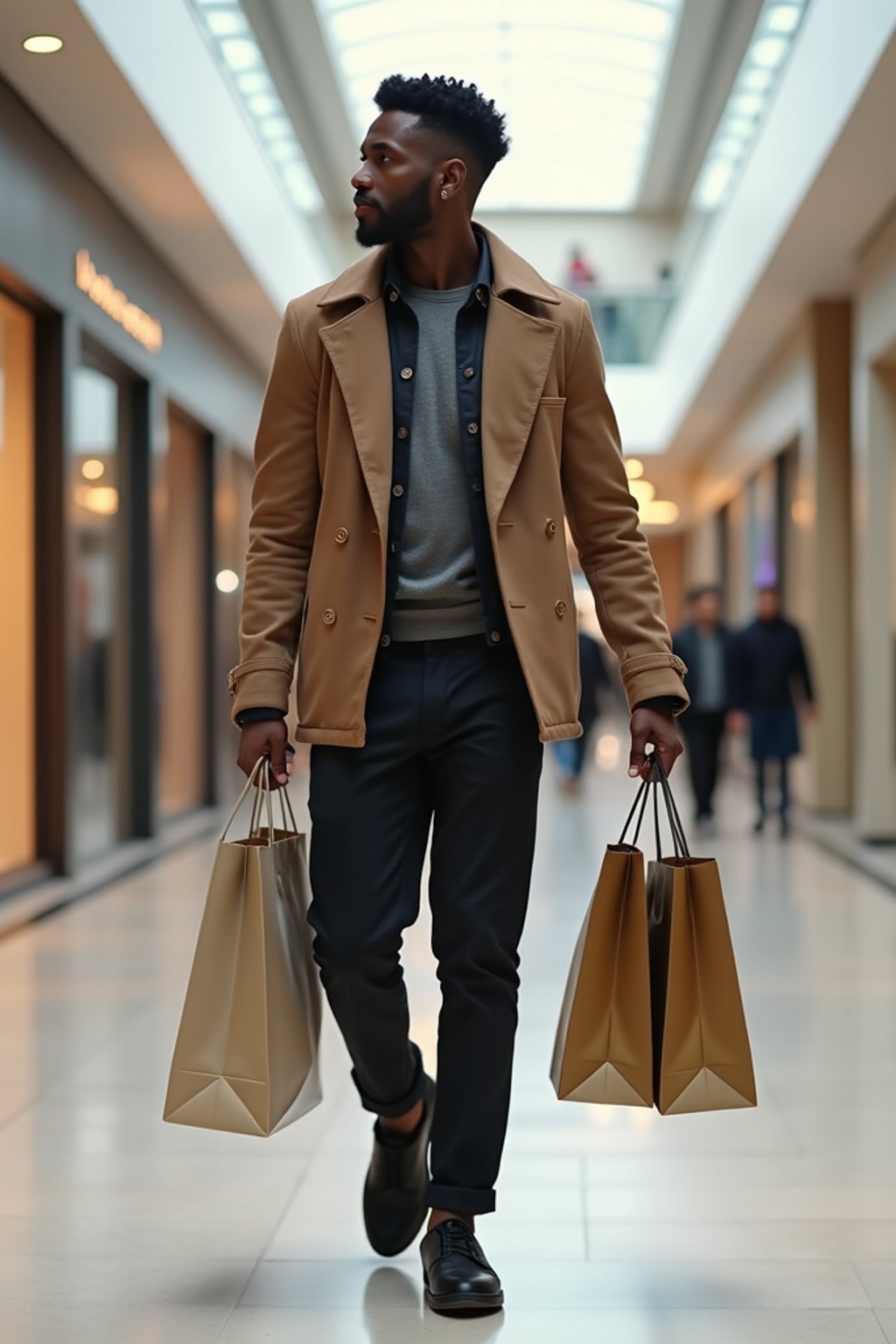 man walking in a shopping mall, holding shopping bags. shops in background