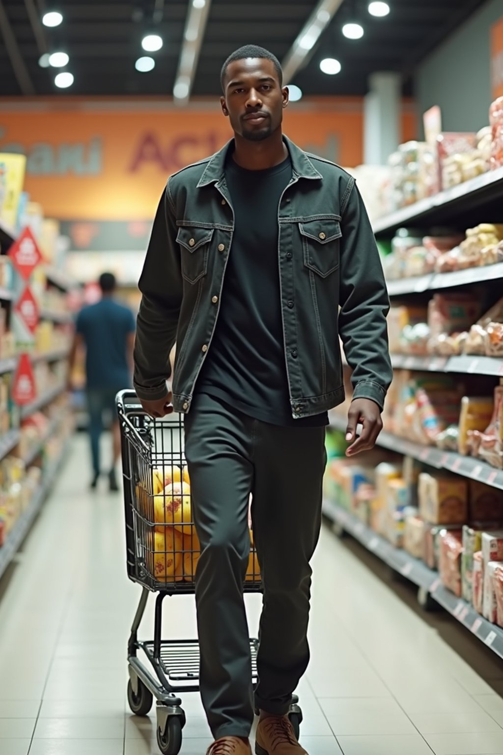 man in Supermarket walking with Shopping Cart in the Supermarket Aisle. Background of Supermarket