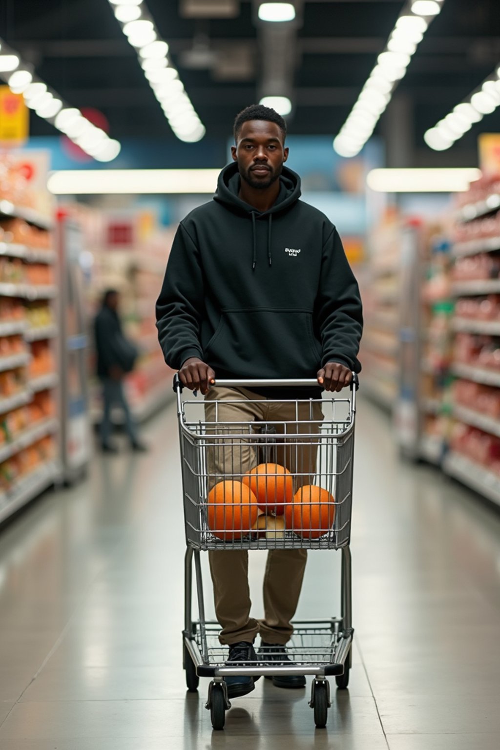 man in Supermarket walking with Shopping Cart in the Supermarket Aisle. Background of Supermarket