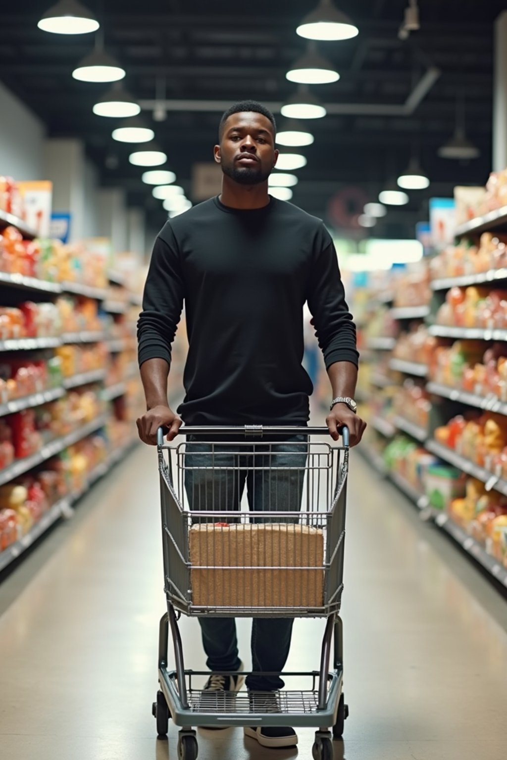 man in Supermarket walking with Shopping Cart in the Supermarket Aisle. Background of Supermarket